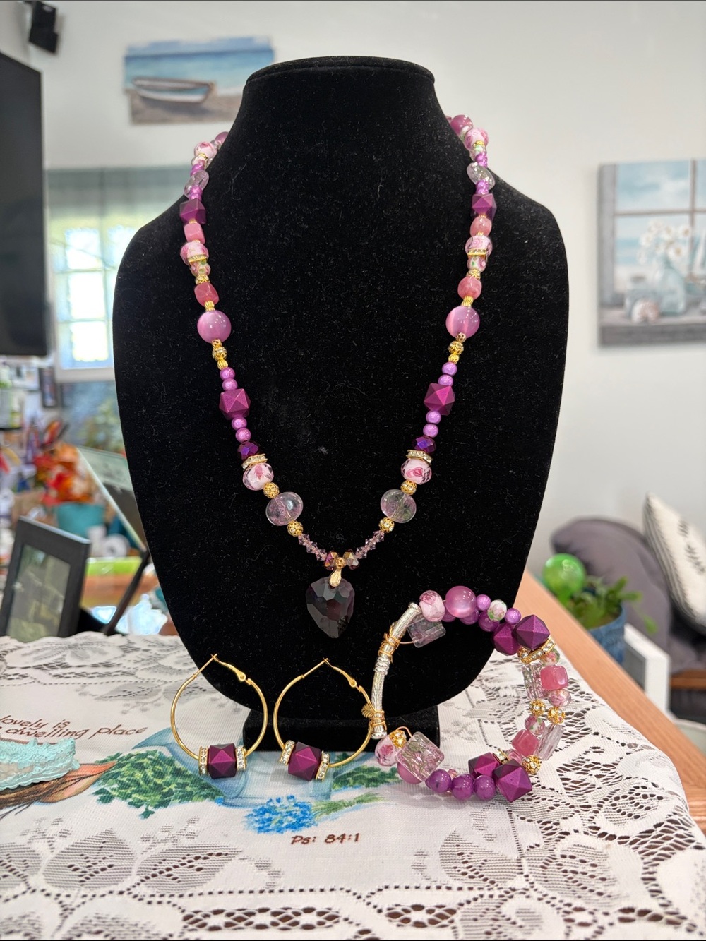Handcrafted Pink Beaded Necklace Set with Heart Pendant Earrings and Bracelet